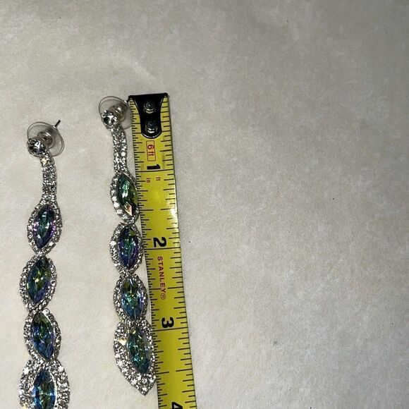 31/2” Clear Silver Tone Teardrop White Wedding Long Rhinestone Bridal Earrings - Picture 6 of 7